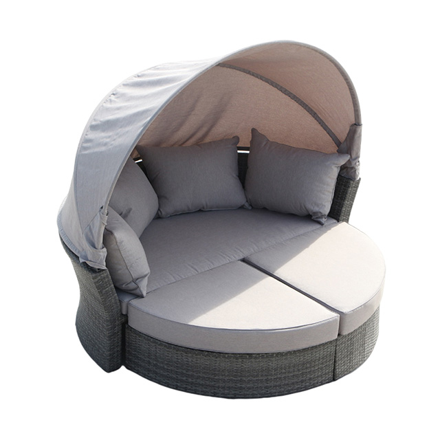 Rattan Round Beach Sunbed With Canopy Patio Furniture